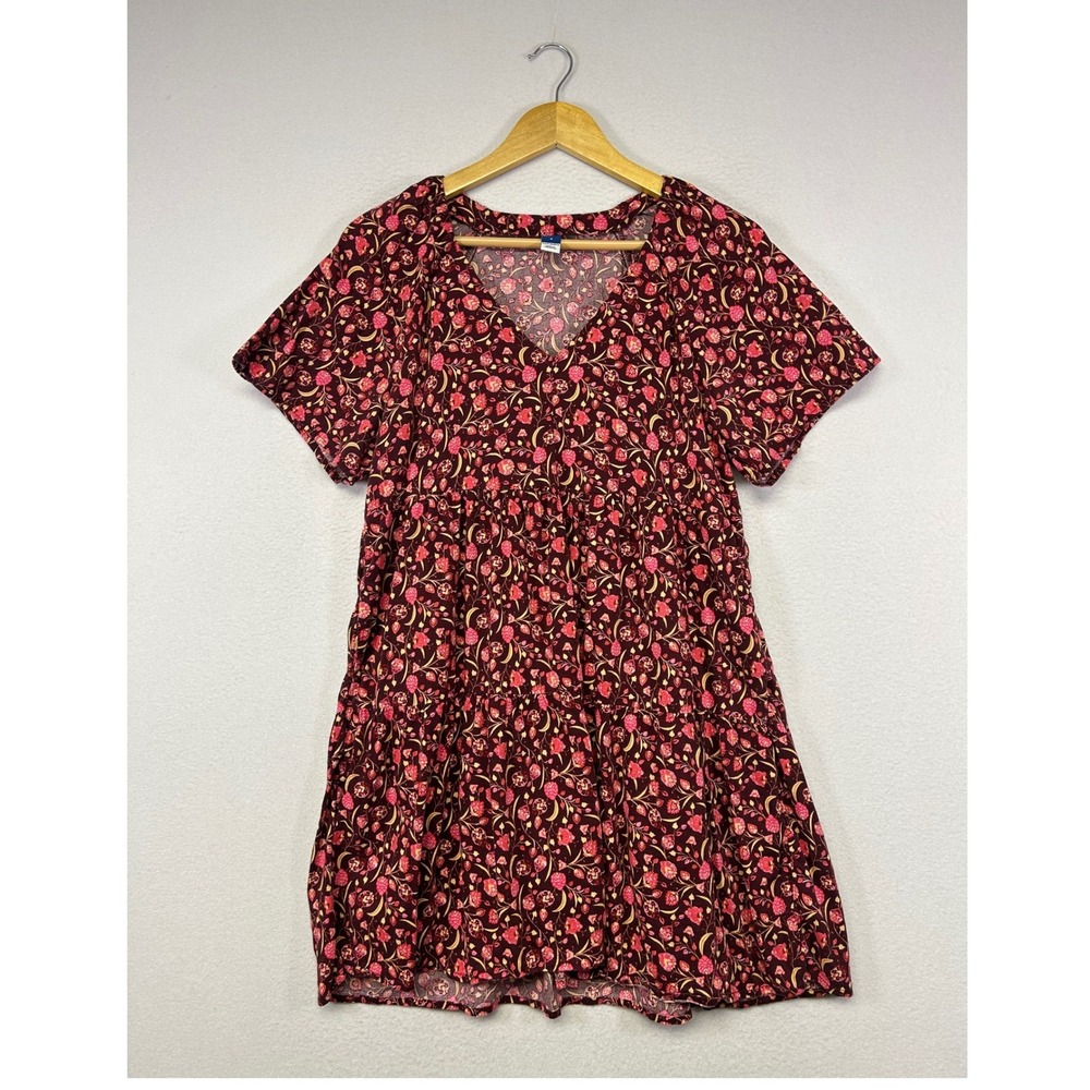 Boho Cottagecore Old Navy Women S Burgundy Floral Tiered V-Neck Mini‎ Dress